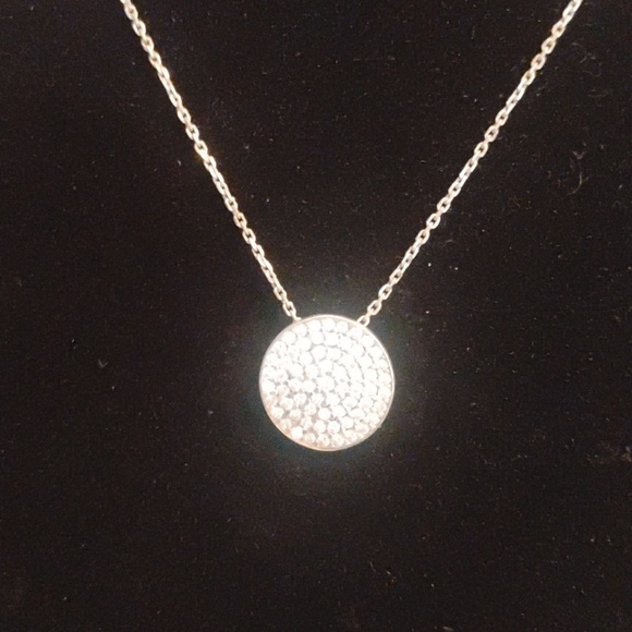 925 Stamped Sterling Silver And 925 CZ Disc Pendant Necklace Total Length 18" - Picture 3 of 7